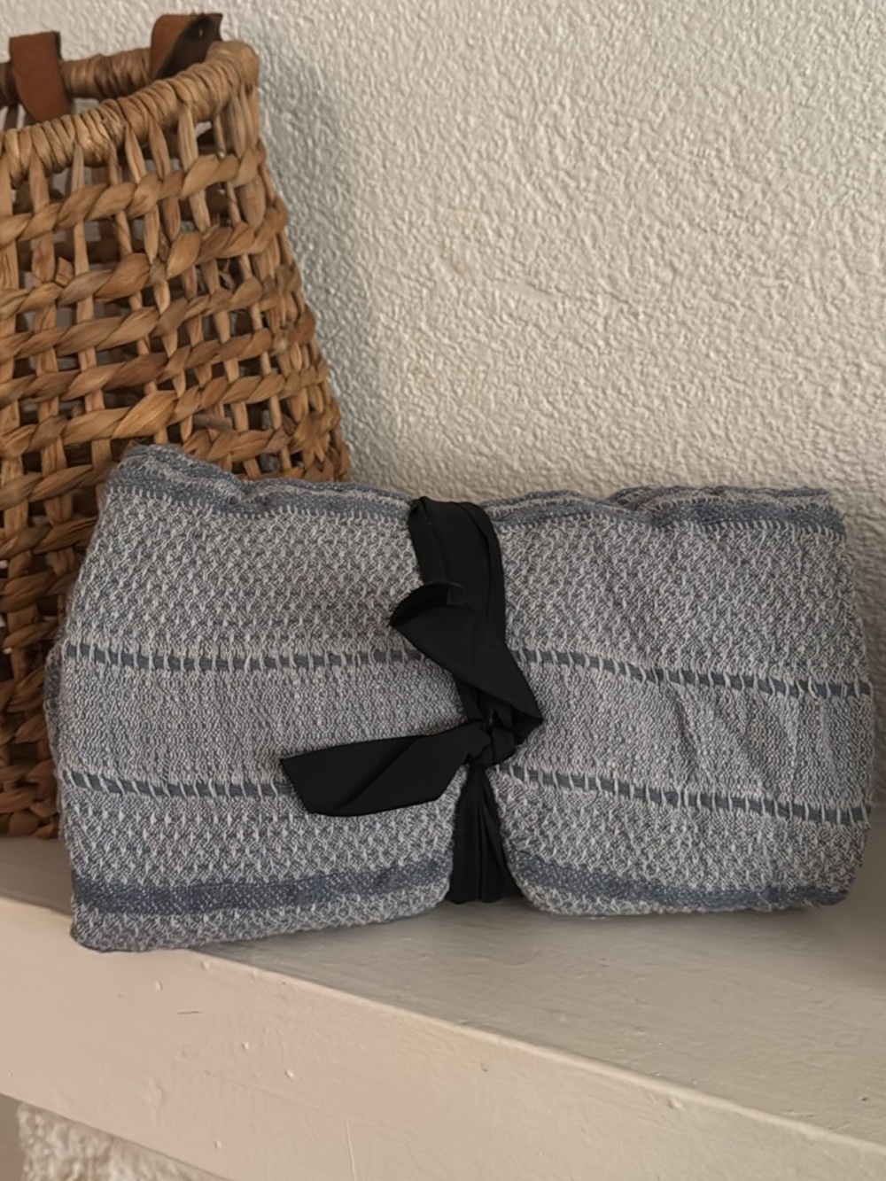 Hearth & Hand Vintage Dobby Textured blue Throw Blanket with Black Ribbon